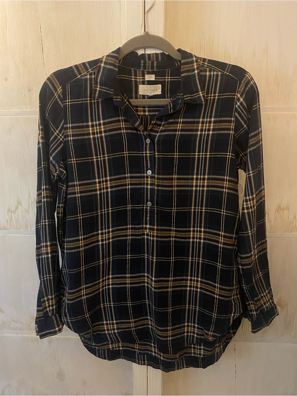 LOFT Black Plaid Button-Down Shirt with Tan Accents